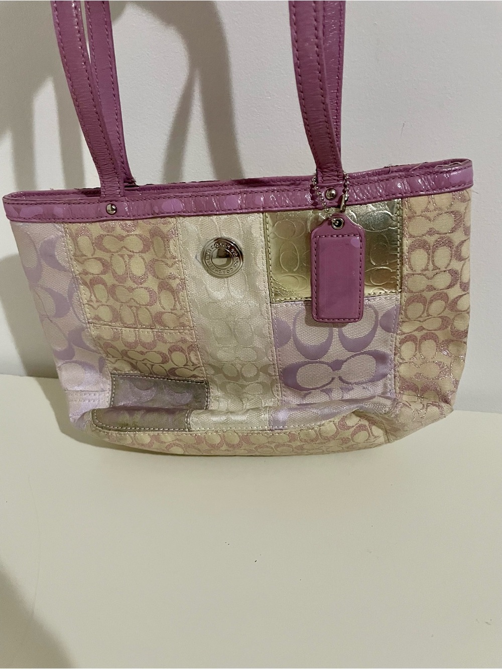 Vintage and rare 2008 Coach Pink and Metallic Patchwork Signature Shoulder Bag